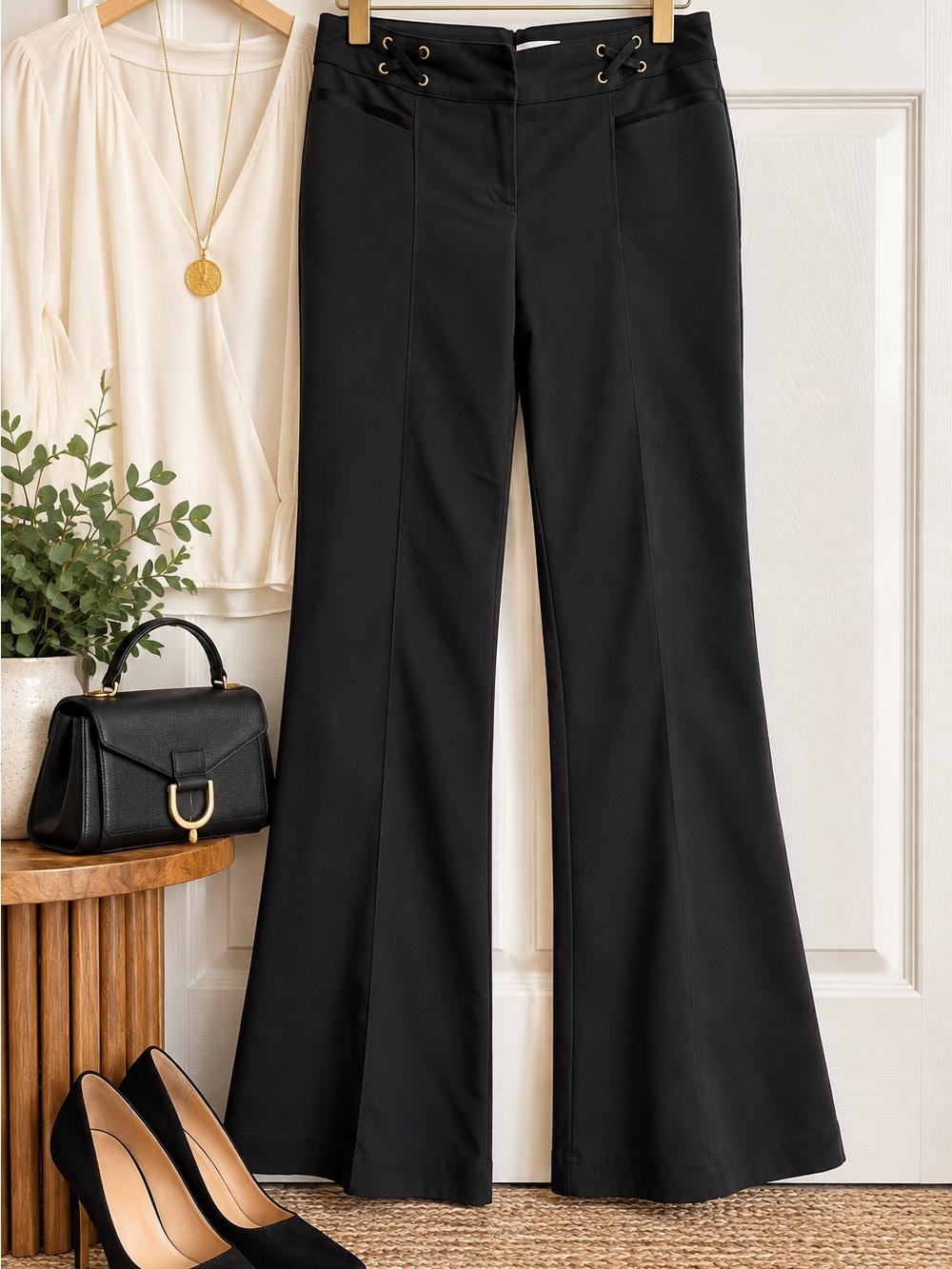 Cache Black Boot-Cut Pants with Grommet Lace Detail